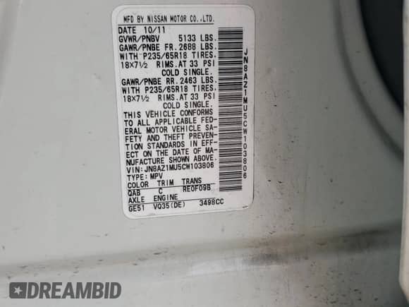 2012 Nissan Murano SV with VIN JN8AZ1MU5CW103806, listed as a Copart auction lot 50795415 with 76,793 mi miles and Salvage title. Bid and sale history available at DreamBid. Image 15.