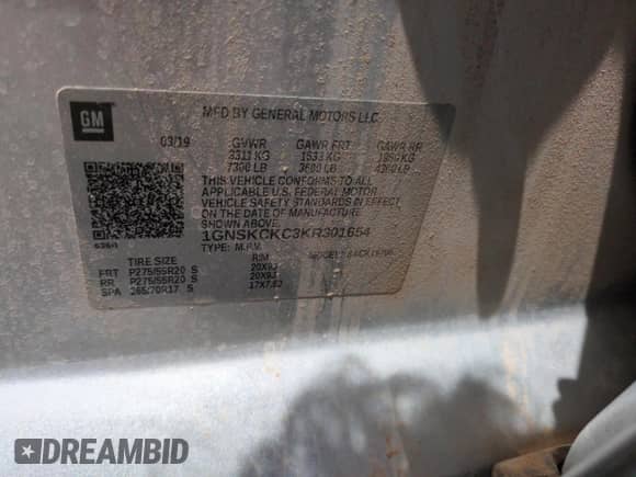 2019 Chevrolet Tahoe Premier с VIN 1GNSKCKC3KR301654, выставлен на аукционе Copart как лот 55701745 с пробегом 75 730 миль миль и Списание • Salvage title. История ставок и продаж доступна на DreamBid. Изображение 14.