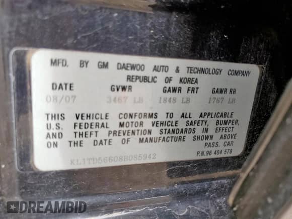 2008 Chevrolet Aveo LS с VIN KL1TD56608B085942, выставлен на аукционе Copart как лот 81514395 с пробегом 143 552 миль миль и Списание • Salvage title. История ставок и продаж доступна на DreamBid. Изображение 12.