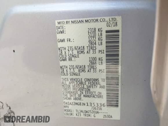 2018 Nissan Murano SV with VIN 5N1AZ2MG8JN135336, listed as a IAAI auction lot 43376236 with 167,630 mi miles and . Bid and sale history available at DreamBid. Image 9.