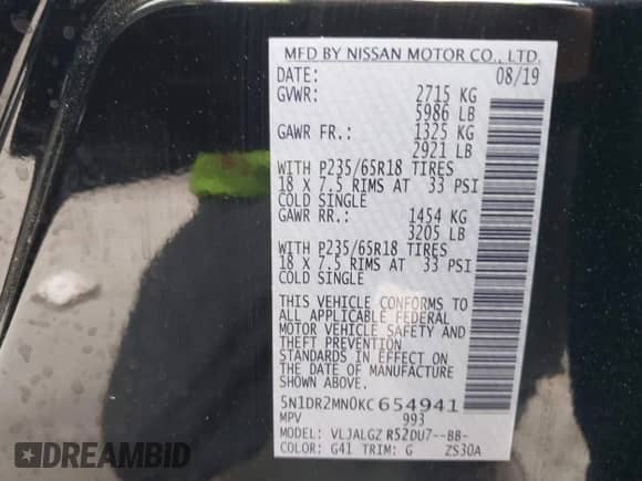 2019 Nissan Pathfinder SL with VIN 5N1DR2MN0KC654941, listed as a IAAI auction lot 42443715 with 132,734 mi miles and . Bid and sale history available at DreamBid. Image 9.