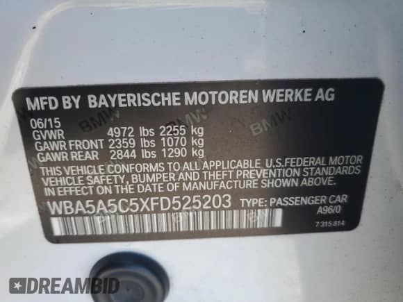 2015 BMW 5 Series 528i с VIN WBA5A5C5XFD525203, выставлен на аукционе Copart как лот 87259385 с пробегом 121 135 миль миль и Чистый • Clean title. История ставок и продаж доступна на DreamBid. Изображение 12.