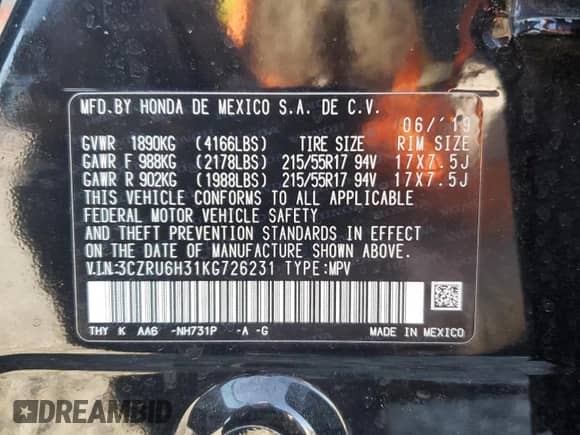 2019 Honda HR-V LX с VIN 3CZRU6H31KG726231, выставлен на аукционе Copart как лот 81837805 с пробегом 31 770 миль миль и Списание • Salvage title. История ставок и продаж доступна на DreamBid. Изображение 13.