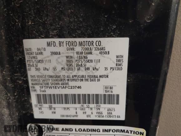 2010 Ford F-150 XL with VIN 1FTFW1EV1AFC23746, listed as a IAAI auction lot 42685381 with Not provided miles and . Bid and sale history available at DreamBid. Image 9.