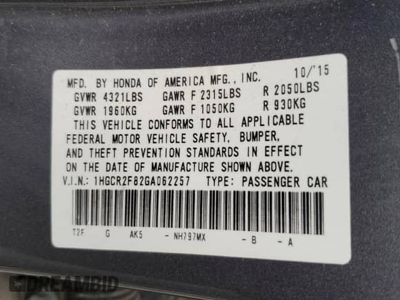 2016 Honda Accord EX-L with VIN 1HGCR2F82GA062257, listed as a Copart auction lot 86088205 with 100,363 mi miles and Salvage title. Bid and sale history available at DreamBid. Image 13.