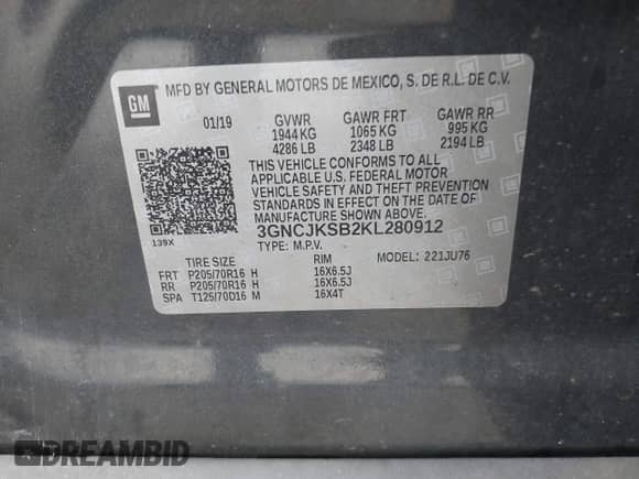 2019 Chevrolet Trax LS с VIN 3GNCJKSB2KL280912, выставлен на аукционе IAAI как лот 43324862 с пробегом 22 848 миль миль и . История ставок и продаж доступна на DreamBid. Изображение 9.