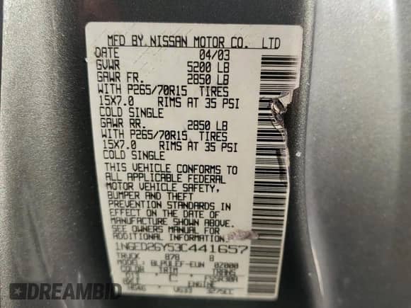 2003 Nissan Frontier XE with VIN 1N6ED26Y53C441657, listed as a Copart auction lot 84185155 with 196,780 mi miles and Salvage title. Bid and sale history available at DreamBid. Image 12.
