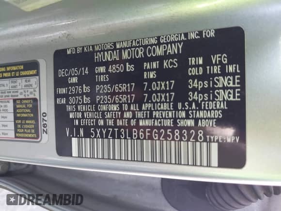 2015 Hyundai Santa Fe with VIN 5XYZT3LB6FG258328, listed as a IAAI auction lot 43419286 with Not provided miles and . Bid and sale history available at DreamBid. Image 9.