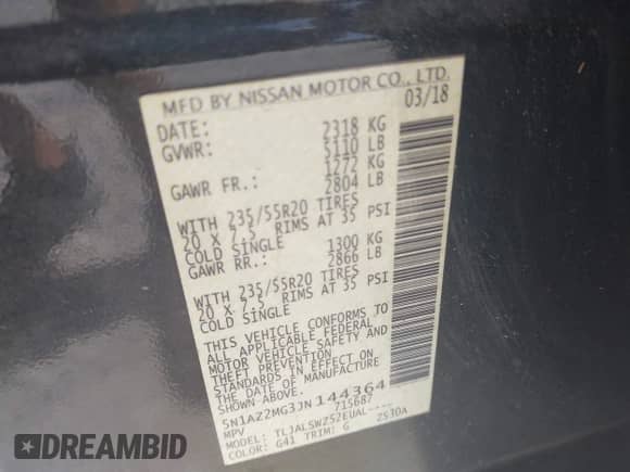 2018 Nissan Murano SV z VIN 5N1AZ2MG3JN144364, wystawiony jako IAAI lot #42564839 z przebiegiem 106 269 mil mil oraz . Historia ofert i sprzedaży dostępna na DreamBid. Obrazek 9.