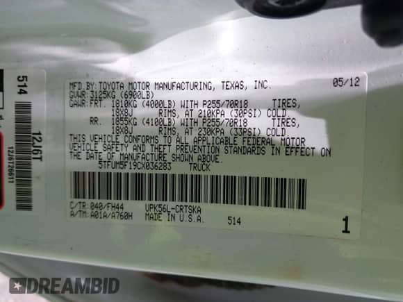 2012 Toyota Tundra с VIN 5TFUM5F19CX036283, выставлен на аукционе IAAI как лот 42566059 с пробегом 221 325 миль миль и . История ставок и продаж доступна на DreamBid. Изображение 9.