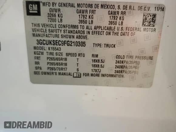 2015 Chevrolet Silverado 1500 LTZ with VIN 3GCUKSEC9FG210305, listed as a Copart auction lot 71231795 with Not provided miles and Salvage title. Bid and sale history available at DreamBid. Image 13.