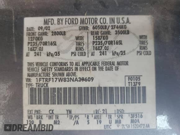 2003 Ford F-150 XL с VIN 1FTRF17W83NA39609, выставлен на аукционе Copart как лот 67613565 с пробегом Не указан миль и Списание • Salvage title. История ставок и продаж доступна на DreamBid. Изображение 13.