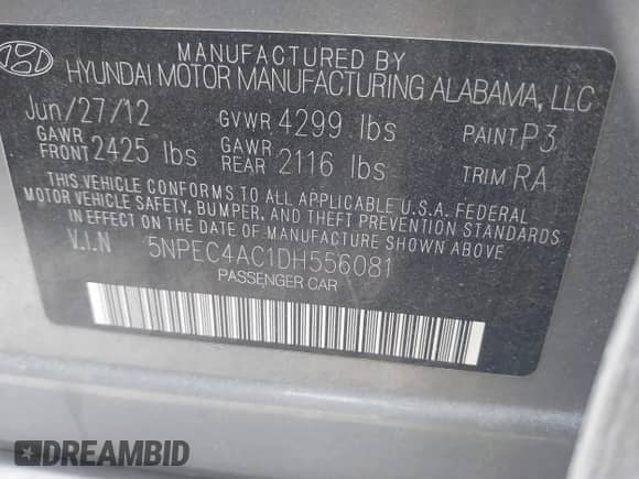 2013 Hyundai Sonata Limited with VIN 5NPEC4AC1DH556081, listed as a IAAI auction lot 43408207 with 99,133 mi miles and . Bid and sale history available at DreamBid. Image 9.