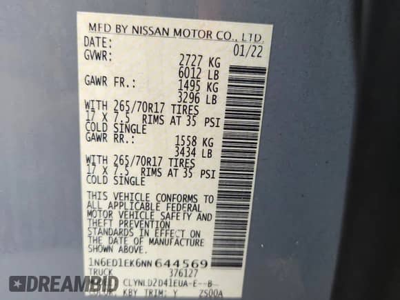 2022 Nissan Frontier Pro-4X с VIN 1N6ED1EK6NN644569, выставлен на аукционе Copart как лот 63808555 с пробегом 105 267 миль миль и Списание • Salvage title. История ставок и продаж доступна на DreamBid. Изображение 12.