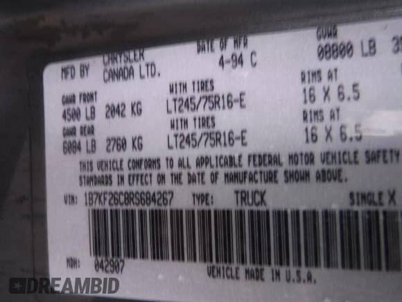 1994 Dodge 2500 with VIN 1B7KF26C8RS684267, listed as a Copart auction lot 48222705 with 175,551 mi miles and Salvage title. Bid and sale history available at DreamBid. Image 10.