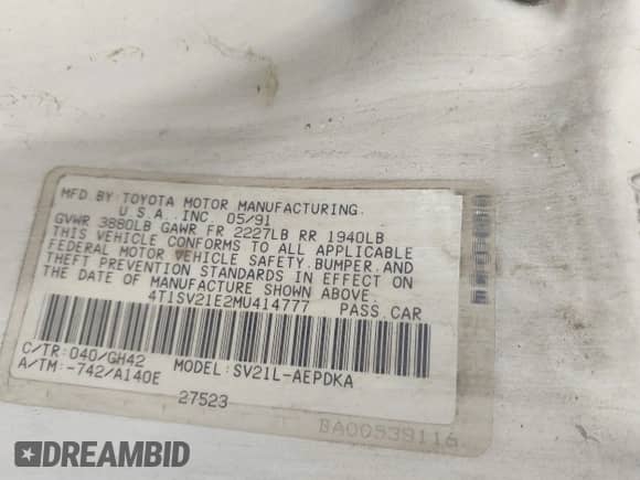 1991 Toyota Camry DLX с VIN 4T1SV21E2MU414777, выставлен на аукционе IAAI как лот 42552215 с пробегом 258 081 миль миль и . История ставок и продаж доступна на DreamBid. Изображение 9.