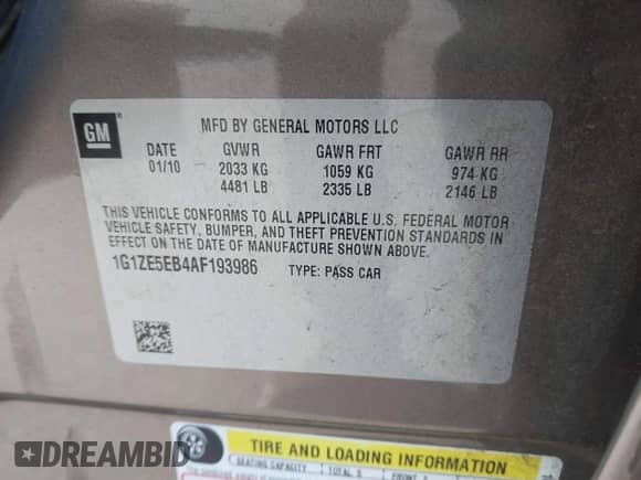 2010 Chevrolet Malibu LTZ with VIN 1G1ZE5EB4AF193986, listed as a IAAI auction lot 38662839 with 161,548 mi miles and . Bid and sale history available at DreamBid. Image 9.