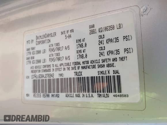 2004 Dodge 1500 SLT z VIN 1D7HU16D84J276942, wystawiony jako IAAI lot #42728583 z przebiegiem 171 843 mil mil oraz . Historia ofert i sprzedaży dostępna na DreamBid. Obrazek 9.