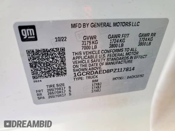 2023 Chevrolet Silverado 1500 Work Truck z VIN 1GCRDAED8PZ117814, wystawiony jako Copart lot #71287485 z przebiegiem 83 204 mil mil oraz Czysty tytuł • Clean title. Historia ofert i sprzedaży dostępna na DreamBid. Obrazek 12.