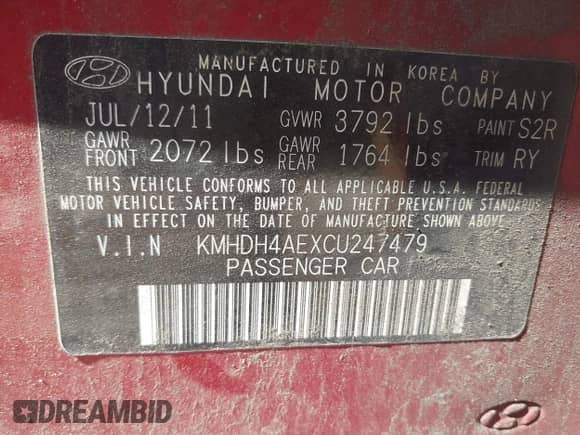 2012 Hyundai Elantra Limited z VIN KMHDH4AEXCU247479, wystawiony jako IAAI lot #42812460 z przebiegiem 138 242 mil mil oraz . Historia ofert i sprzedaży dostępna na DreamBid. Obrazek 9.