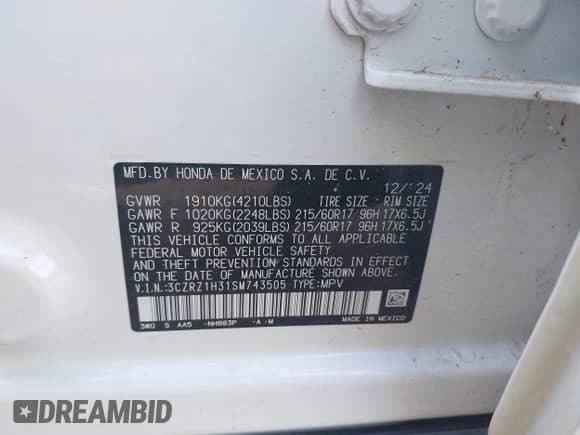 2025 Honda HR-V LX с VIN 3CZRZ1H31SM743505, выставлен на аукционе IAAI как лот 42721427 с пробегом 5 943 миль миль и . История ставок и продаж доступна на DreamBid. Изображение 9.