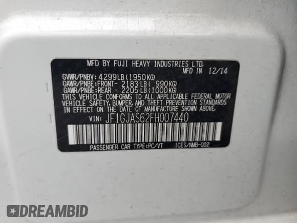 2015 Subaru Impreza Limited with VIN JF1GJAS62FH007440, listed as a Copart auction lot 68619175 with 231,311 mi miles and Salvage title. Bid and sale history available at DreamBid. Image 12.