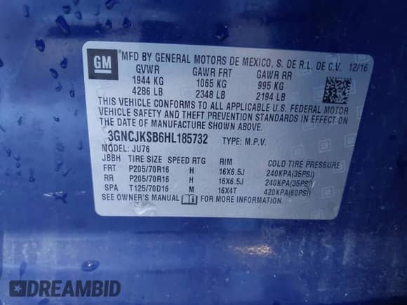 2017 Chevrolet Trax LS z VIN 3GNCJKSB6HL185732, wystawiony jako IAAI lot #43403281 z przebiegiem 155 457 mil mil oraz . Historia ofert i sprzedaży dostępna na DreamBid. Obrazek 9.