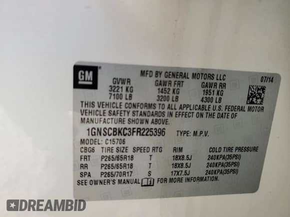 2015 Chevrolet Tahoe LT с VIN 1GNSCBKC3FR225396, выставлен на аукционе Copart как лот 80986675 с пробегом 124 647 миль миль и Списание • Salvage title. История ставок и продаж доступна на DreamBid. Изображение 13.