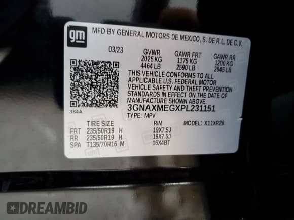 2023 Chevrolet Equinox RS with VIN 3GNAXMEGXPL231151, listed as a Copart auction lot 67406865 with 8,738 mi miles and Salvage title. Bid and sale history available at DreamBid. Image 13.