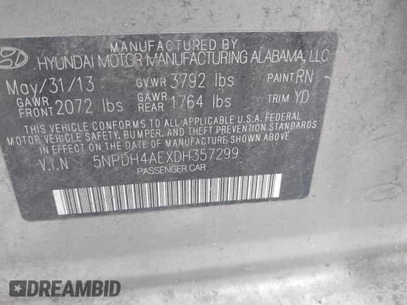 2013 Hyundai Elantra Limited z VIN 5NPDH4AEXDH357299, wystawiony jako IAAI lot #43471495 z przebiegiem 234 523 mil mil oraz . Historia ofert i sprzedaży dostępna na DreamBid. Obrazek 9.
