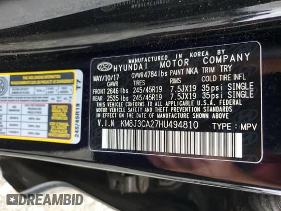 2017 Hyundai Tucson Limited с VIN KM8J3CA27HU494810, выставлен на аукционе Copart как лот 83998085 с пробегом 92 880 миль миль и Списание • Salvage title. История ставок и продаж доступна на DreamBid. Изображение 13.