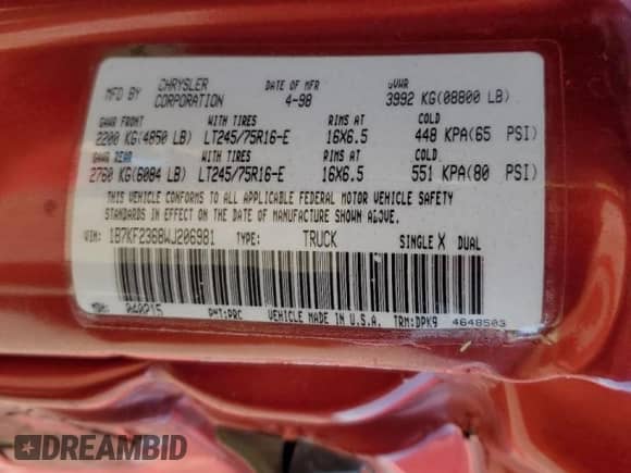 1998 Dodge 2500 with VIN 1B7KF2368WJ206981, listed as a Copart auction lot 46947405 with 242,669 mi miles and Salvage title. Bid and sale history available at DreamBid. Image 13.