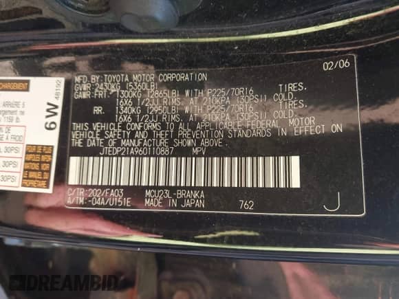 2006 Toyota Highlander w/3rd Row z VIN JTEDP21A960110887, wystawiony jako IAAI lot #43453658 z przebiegiem 142 961 mil mil oraz . Historia ofert i sprzedaży dostępna na DreamBid. Obrazek 9.