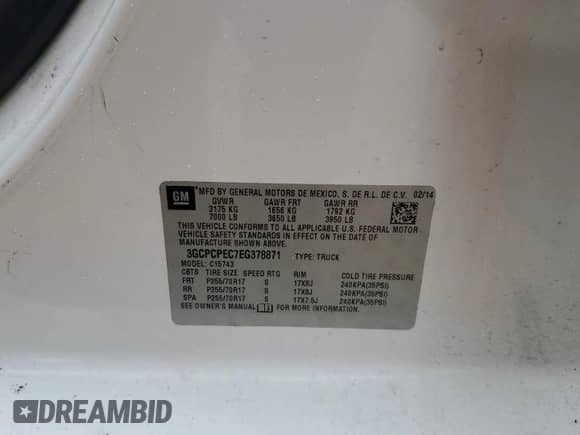 2014 Chevrolet Silverado 1500 Work Truck z VIN 3GCPCPEC7EG378871, wystawiony jako Copart lot #42237565 z przebiegiem 143 807 mil mil oraz Czysty tytuł • Clean title. Historia ofert i sprzedaży dostępna na DreamBid. Obrazek 13.