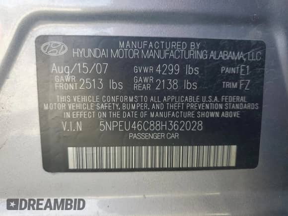 2008 Hyundai Sonata SE с VIN 5NPEU46C88H362028, выставлен на аукционе Copart как лот 46850595 с пробегом 239 324 миль миль и Списание • Salvage title. История ставок и продаж доступна на DreamBid. Изображение 14.