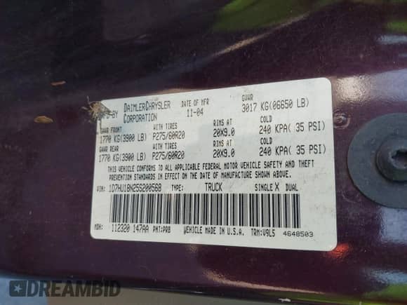 2005 Dodge 1500 SLT with VIN 1D7HU18N25S200568, listed as a IAAI auction lot 41714710 with 345,319 mi miles and . Bid and sale history available at DreamBid. Image 9.