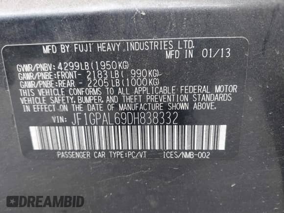 2013 Subaru Impreza Special Sports Premium с VIN JF1GPAL69DH838332, выставлен на аукционе IAAI как лот 42385271 с пробегом 127 804 миль миль и . История ставок и продаж доступна на DreamBid. Изображение 9.