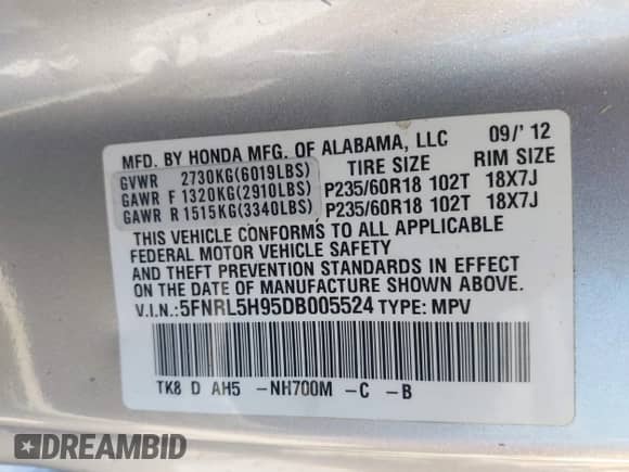 2013 Honda Odyssey Touring с VIN 5FNRL5H95DB005524, выставлен на аукционе IAAI как лот 43103323 с пробегом 172 495 миль миль и . История ставок и продаж доступна на DreamBid. Изображение 9.