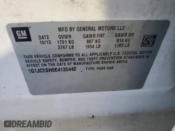 2014 Chevrolet Sonic LT z VIN 1G1JC5SH8E4135442, wystawiony jako Copart lot #81111945 z przebiegiem 127 320 mil mil oraz Szkoda całkowita • Salvage title. Historia ofert i sprzedaży dostępna na DreamBid. Obrazek 13.