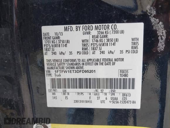 2013 Ford F-150 XL с VIN 1FTFW1ET3DFD95201, выставлен на аукционе IAAI как лот 43168994 с пробегом 150 314 миль миль и . История ставок и продаж доступна на DreamBid. Изображение 9.