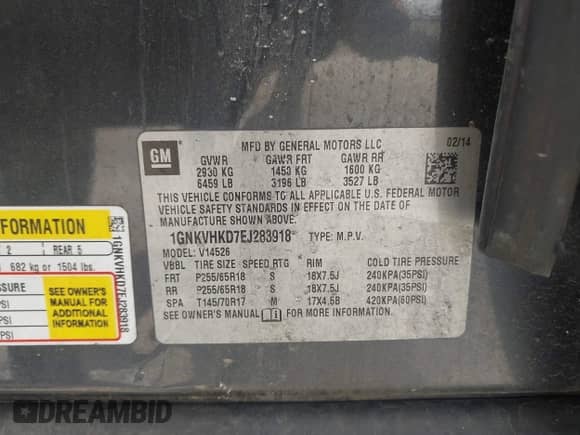 2014 Chevrolet Traverse LT with VIN 1GNKVHKD7EJ283918, listed as a IAAI auction lot 42474004 with Not provided miles and . Bid and sale history available at DreamBid. Image 9.