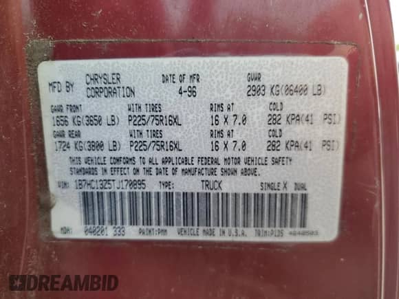 1996 Dodge 1500 with VIN 1B7HC13Z5TJ170895, listed as a Copart auction lot 70869055 with 135,601 mi miles and Salvage title. Bid and sale history available at DreamBid. Image 12.