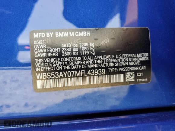 2021 BMW M3 с VIN WBS53AY07MFL43939, выставлен на аукционе Copart как лот 56585695 с пробегом 55 003 миль миль и Списание • Salvage title. История ставок и продаж доступна на DreamBid. Изображение 12.