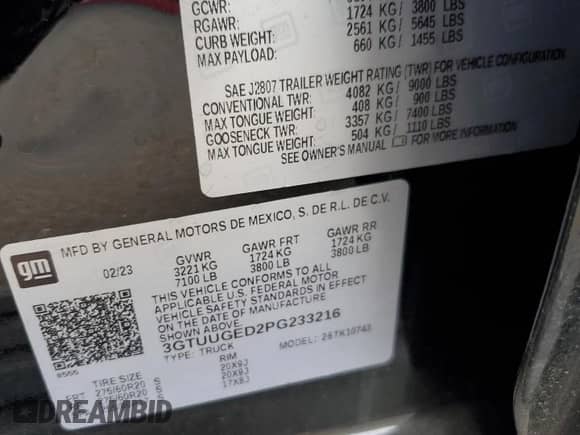 2023 GMC Sierra 1500 Denali z VIN 3GTUUGED2PG233216, wystawiony jako Copart lot #84449105 z przebiegiem 17 876 mil mil oraz Szkoda całkowita • Salvage title. Historia ofert i sprzedaży dostępna na DreamBid. Obrazek 13.