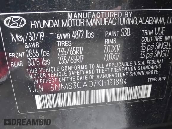 2019 Hyundai Santa Fe SEL with VIN 5NMS3CAD7KH131884, listed as a IAAI auction lot 43025635 with 70,150 mi miles and . Bid and sale history available at DreamBid. Image 9.