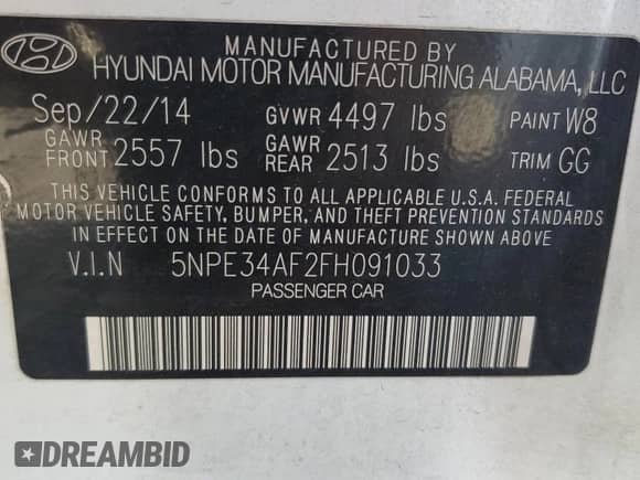 2015 Hyundai Sonata Sport с VIN 5NPE34AF2FH091033, выставлен на аукционе Copart как лот 87308665 с пробегом 93 704 миль миль и Списание • Salvage title. История ставок и продаж доступна на DreamBid. Изображение 13.