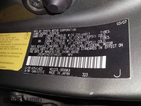 2007 Toyota Highlander w/3rd Row z VIN JTEDP21A270144025, wystawiony jako IAAI lot #43232039 z przebiegiem 204 380 mil mil oraz . Historia ofert i sprzedaży dostępna na DreamBid. Obrazek 9.