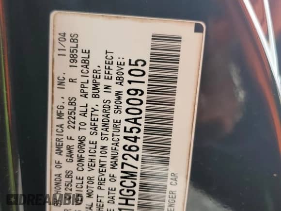 2005 Honda Accord EX-L with VIN 1HGCM72645A009105, listed as a Copart auction lot 70323045 with 145,757 mi miles and Salvage title. Bid and sale history available at DreamBid. Image 12.