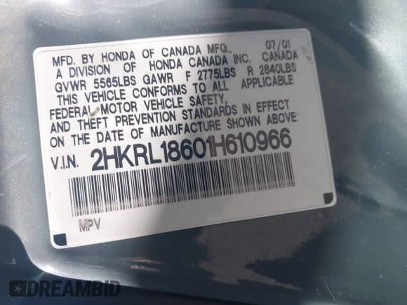 2001 Honda Odyssey EX z VIN 2HKRL18601H610966, wystawiony jako IAAI lot #43380576 z przebiegiem 184 426 mil mil oraz . Historia ofert i sprzedaży dostępna na DreamBid. Obrazek 9.