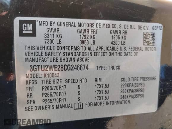 2012 GMC Sierra 1500 SLT with VIN 3GTU2WE28CG246674, listed as a IAAI auction lot 42677184 with 272,960 mi miles and . Bid and sale history available at DreamBid. Image 9.